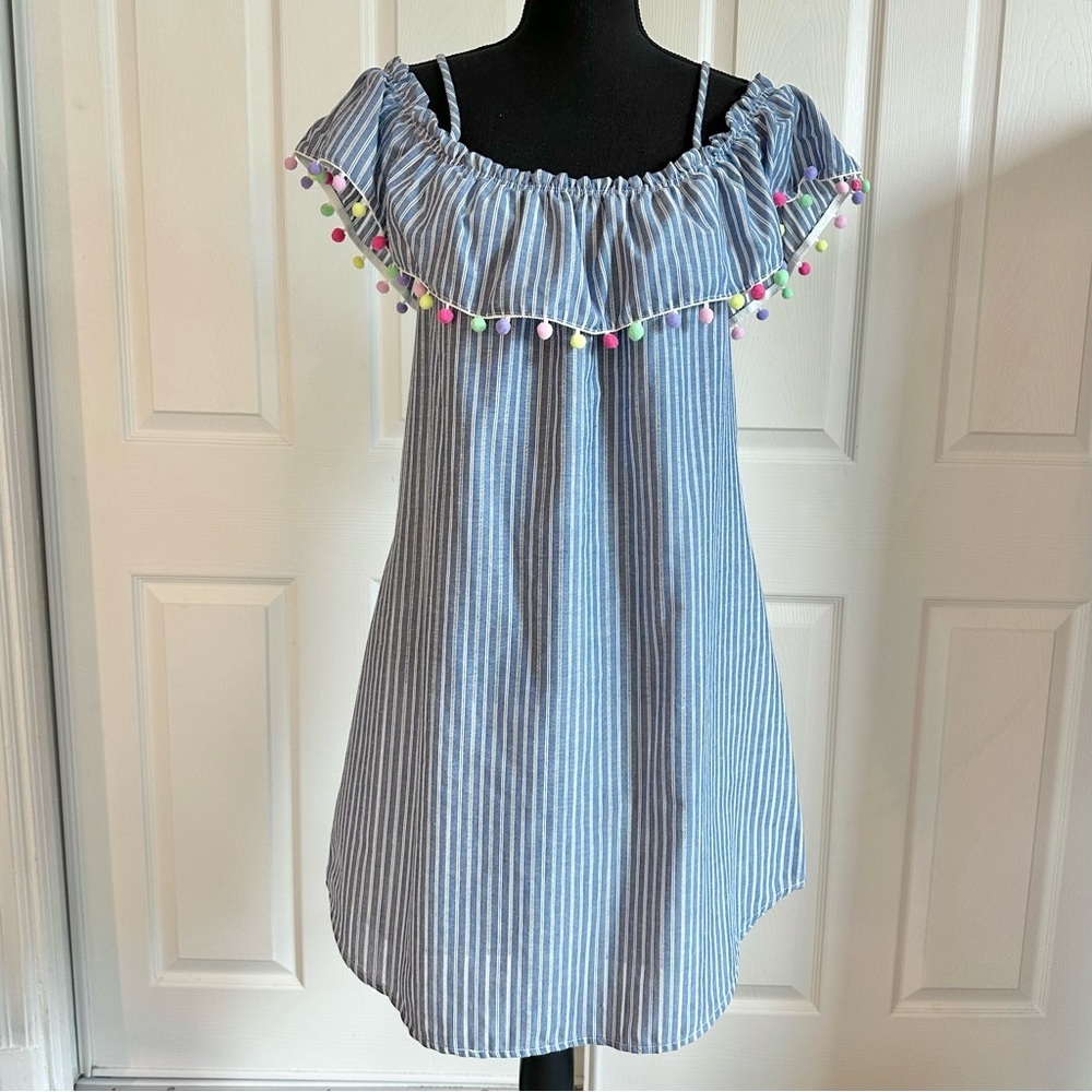Jella C. Blue Seersucker Off shoulder Pompom Dress Beach Coverup